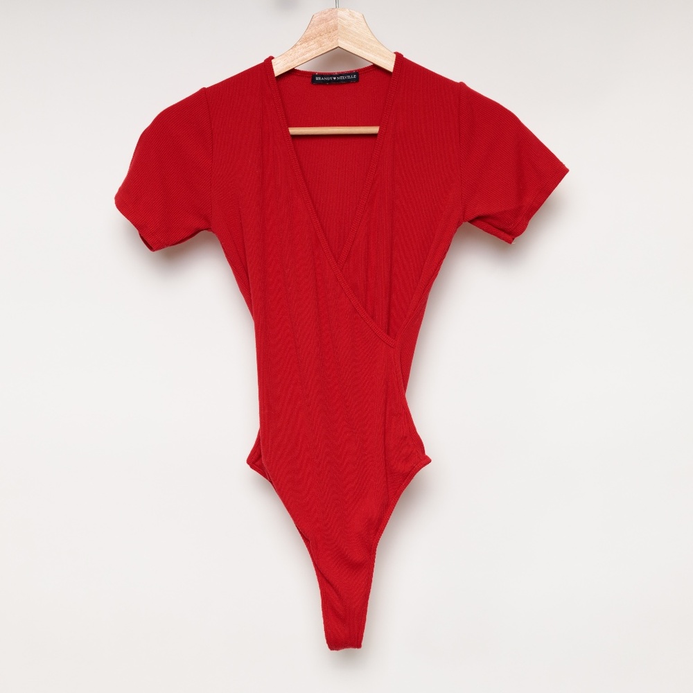 Brandy Melville Ribbed Cross Bodysuit in Red